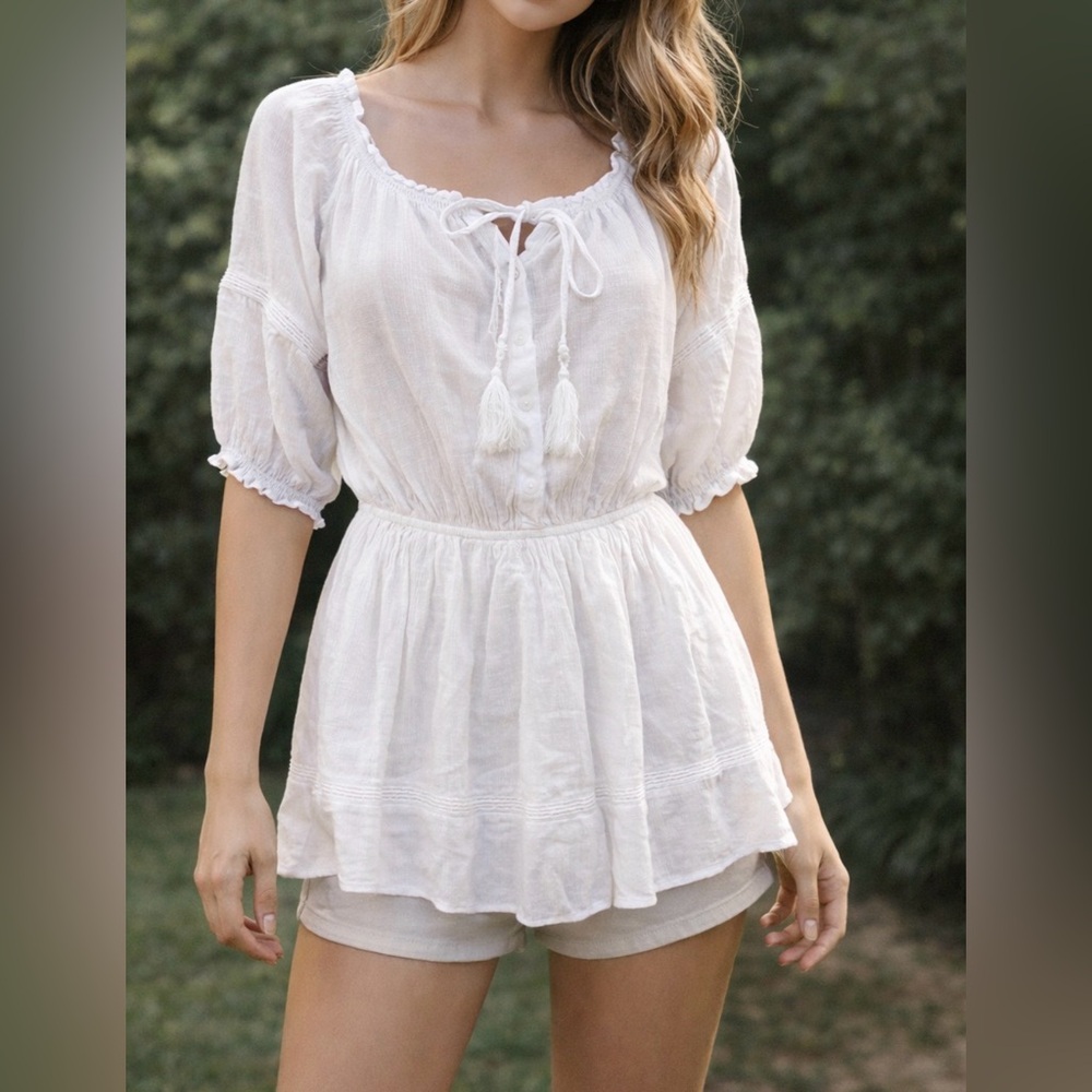 Lulus White Boho Peasant Top Small Tassel Tie Cottagecore EUC